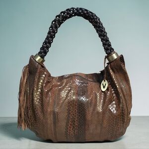 Vanessa Brown Snake Print Hobo Bag with Braided Handle